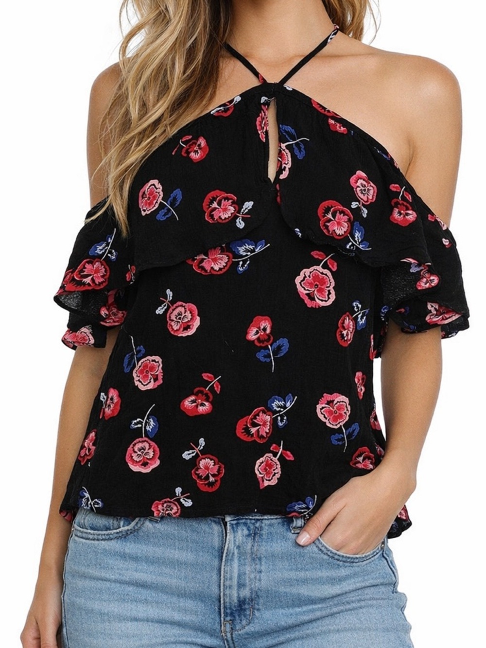 EXPRESS-  Black Floral off the shoulder top size Small